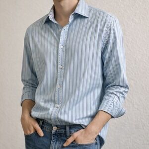 Bugatchi Men's Large Button-Down Shirt Blue Stripe Floral Contrast | 100% Cotton